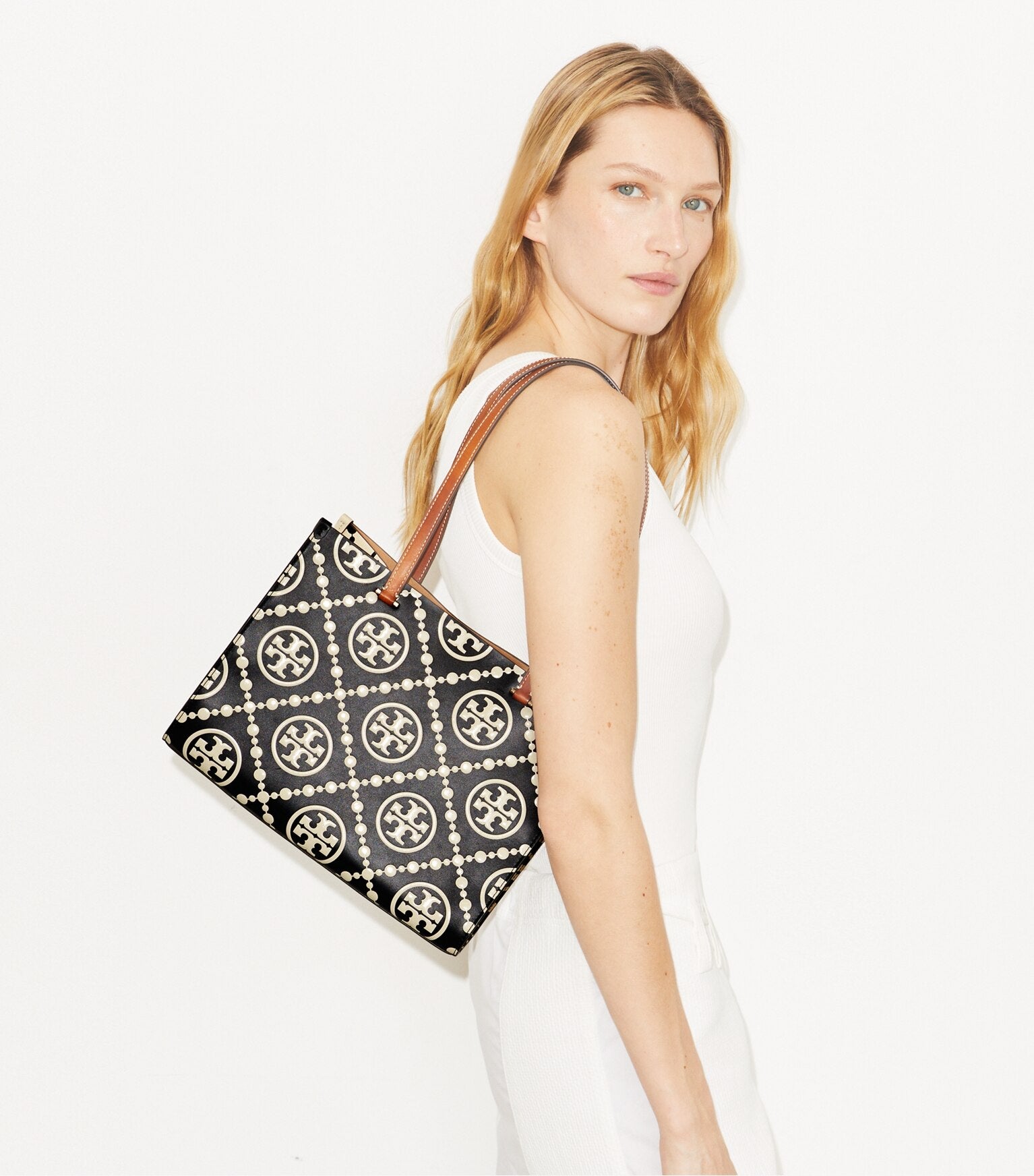T Monogram Contrast Embossed Small Tote