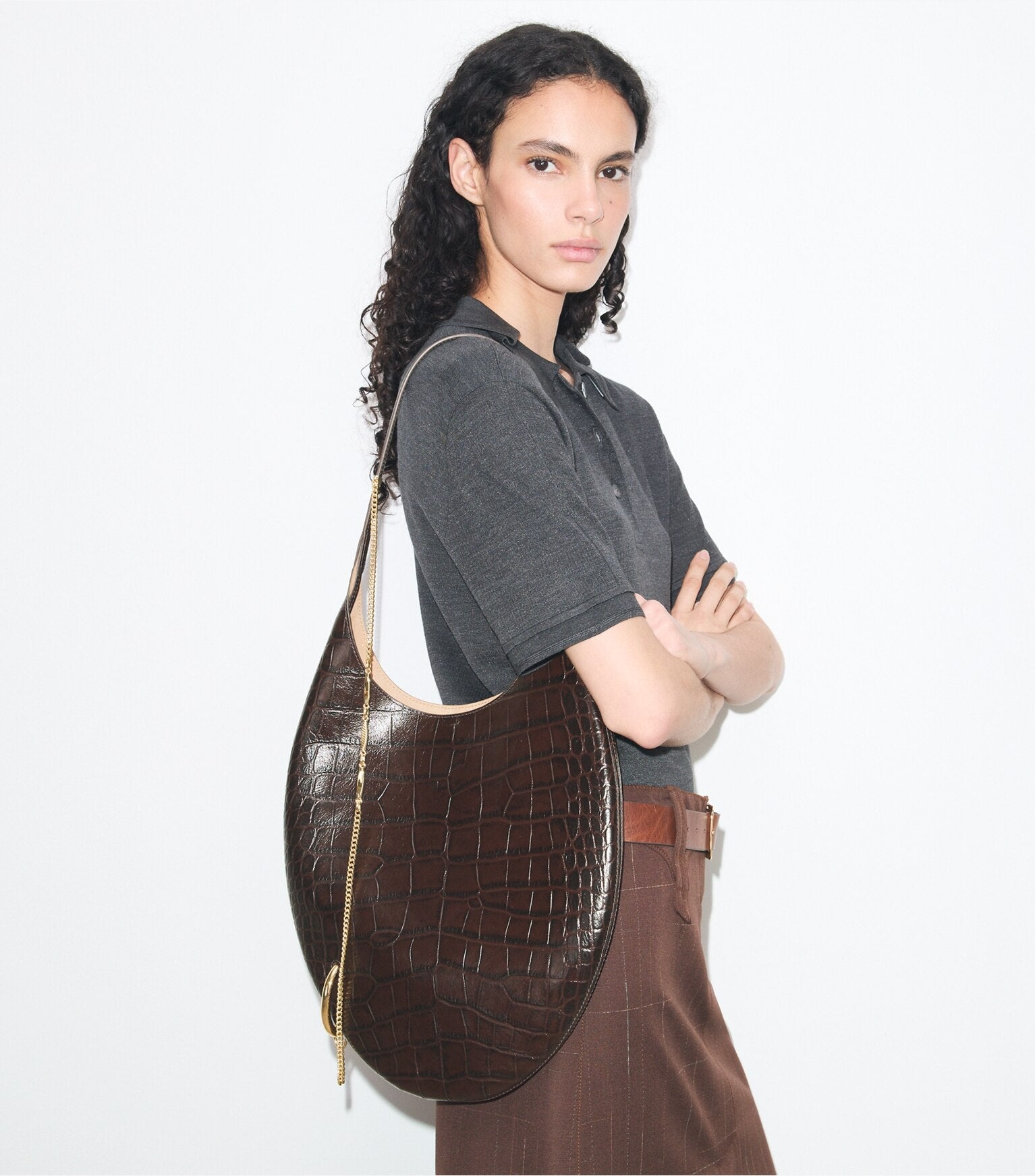 Pierced Croc-Embossed Soft Bag