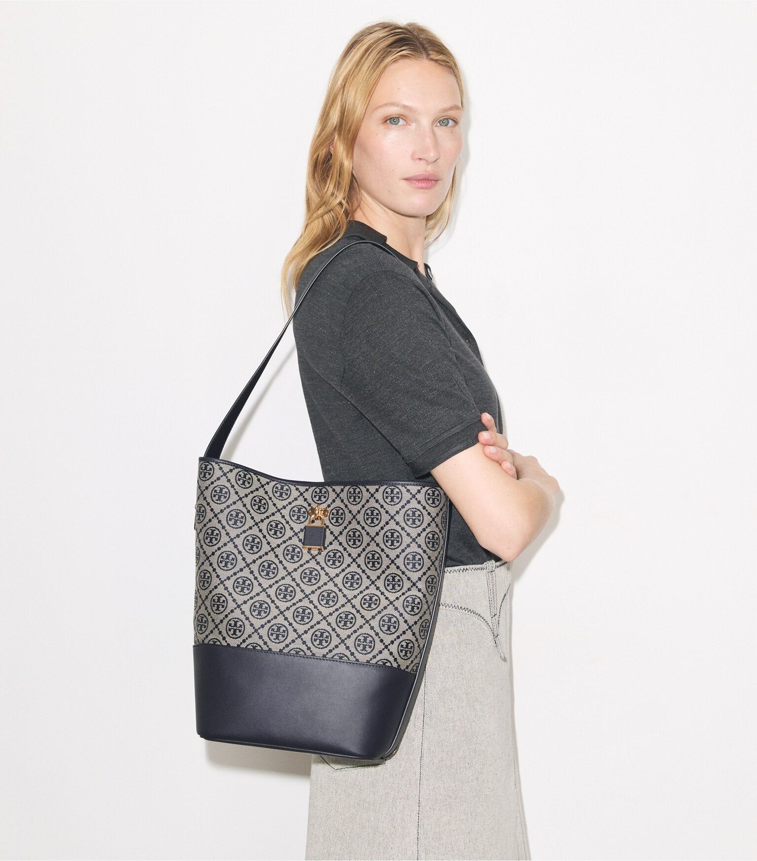 T Monogram Lock Slim Bucket Bag