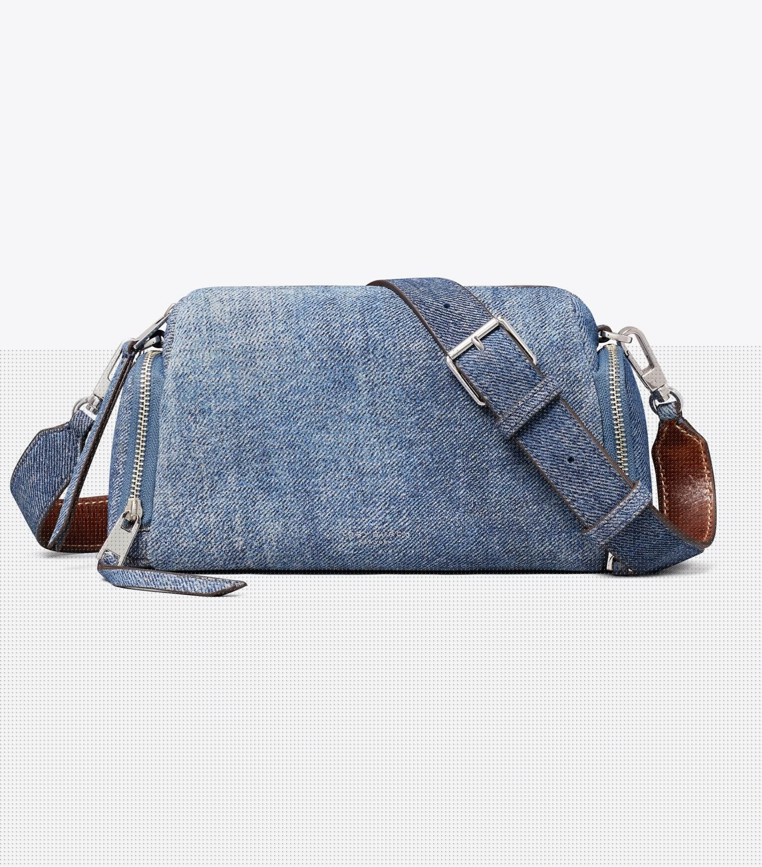 Perry Denim-Print Suede Voyager Crossbody Bag