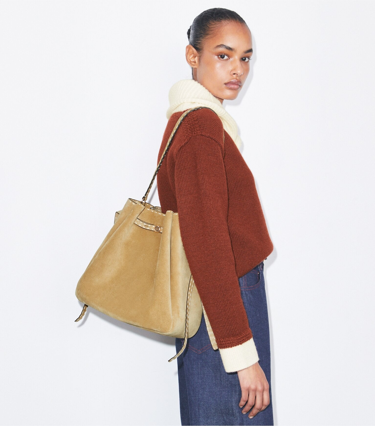Large Romy Suede Pick Stitch Bucket Bag