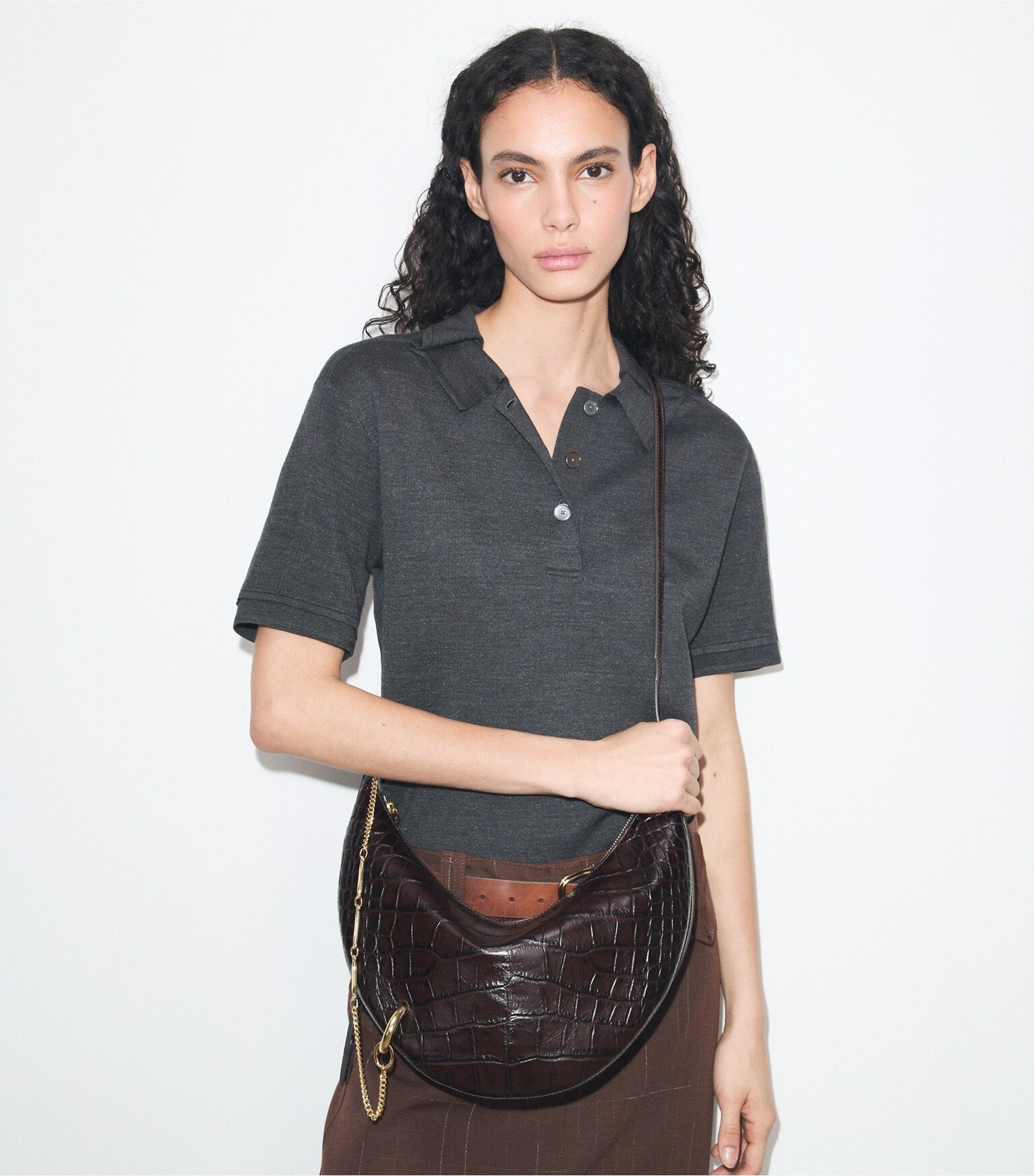 Pierced Croc-Embossed Crossbody Bag