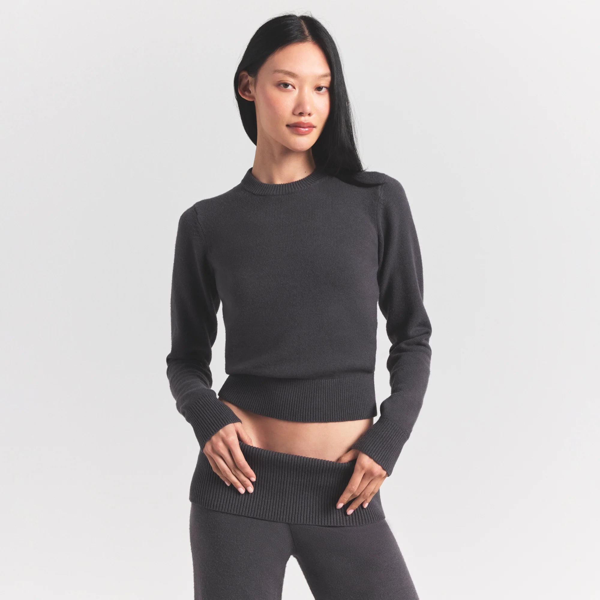 Sweater Knits Ribbed Long Sleeve Fitted Crew Neck