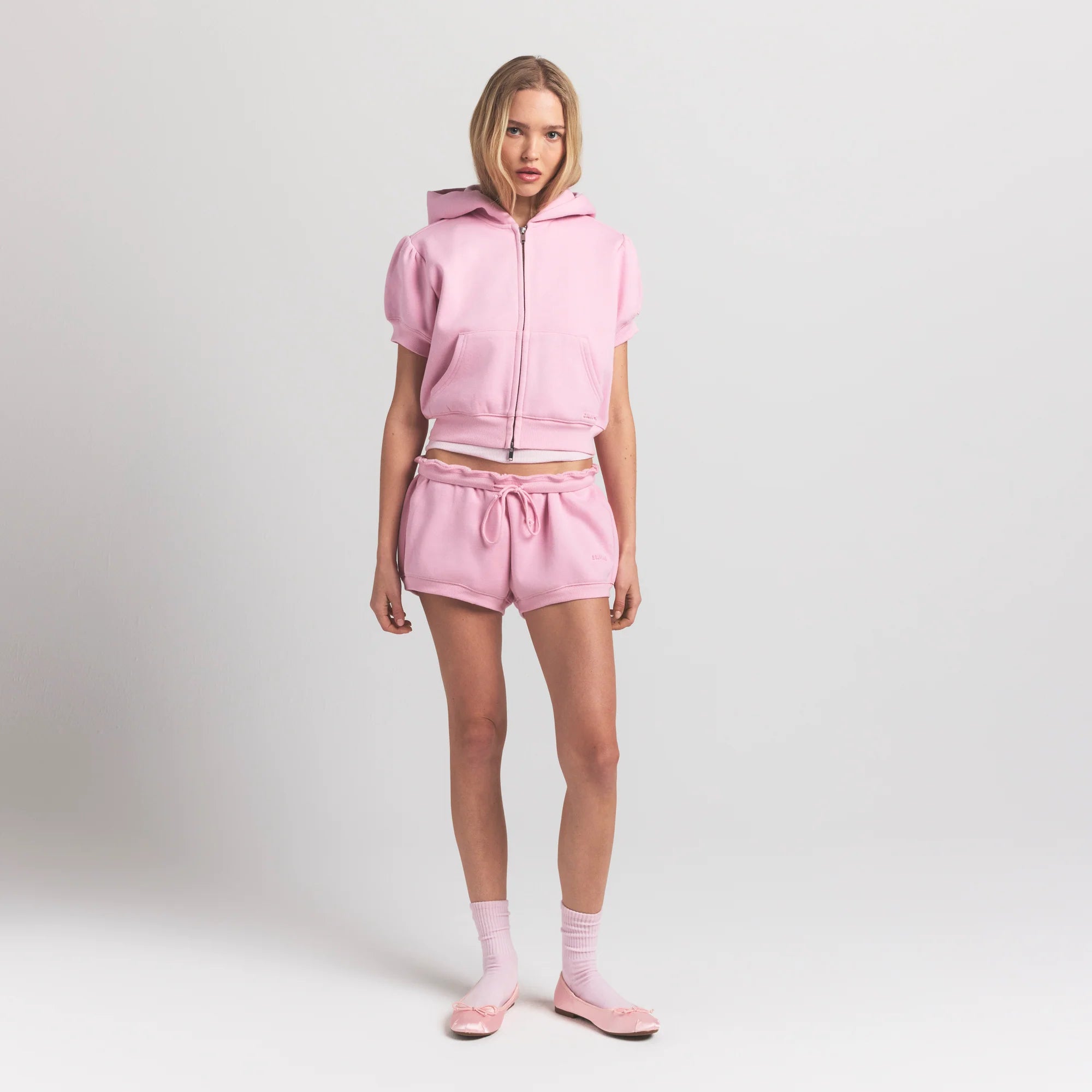 Cotton Fleece Bubble Sleeve Cropped Zip Up