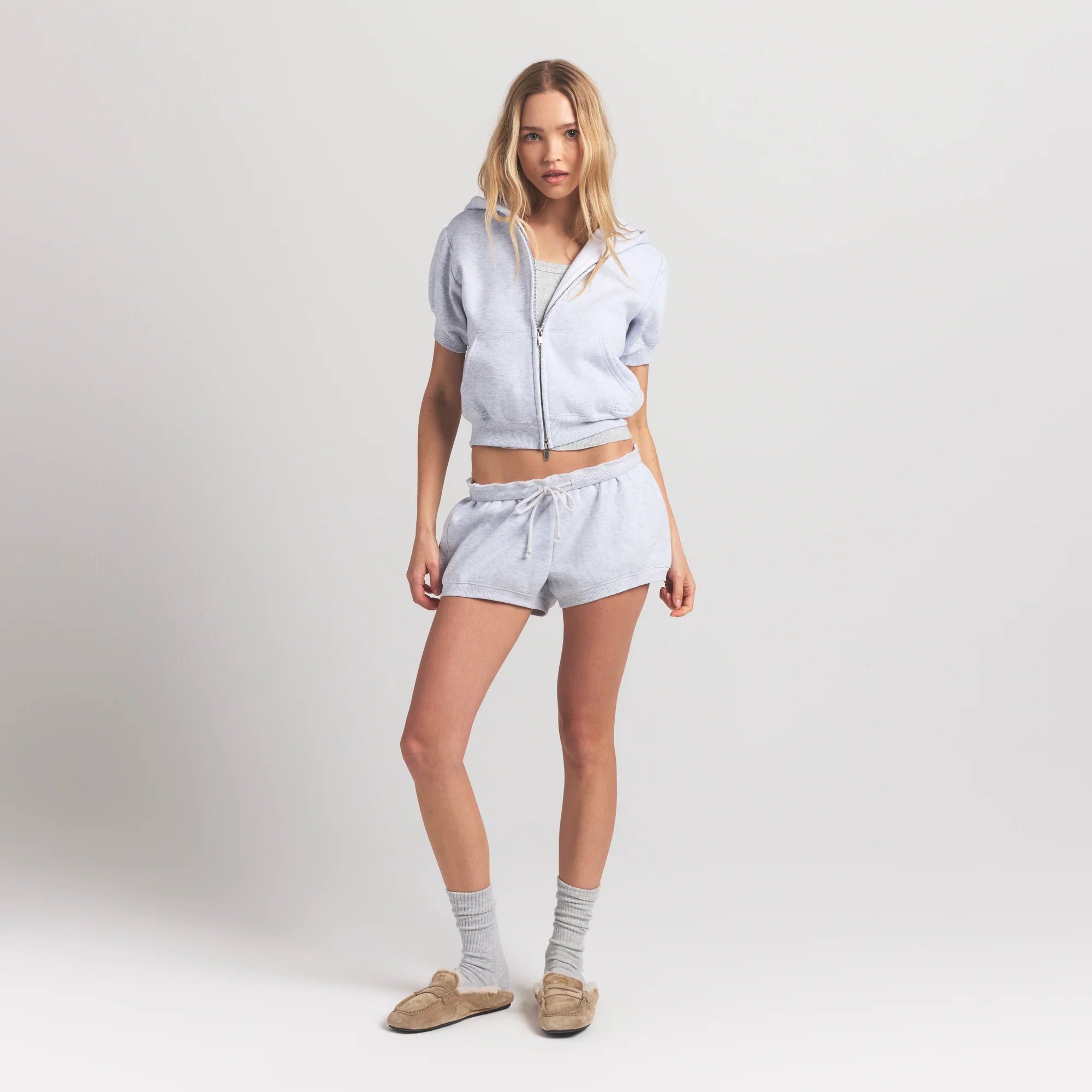 Cotton Fleece Bubble Sleeve Cropped Zip Up