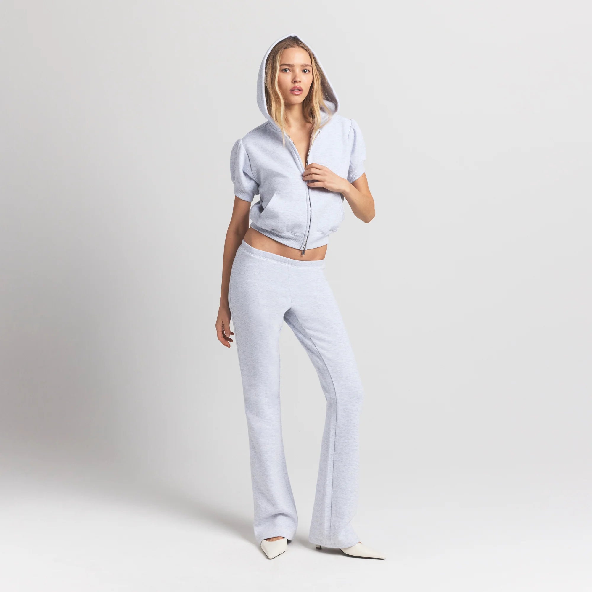 Cotton Fleece Bubble Sleeve Cropped Zip Up