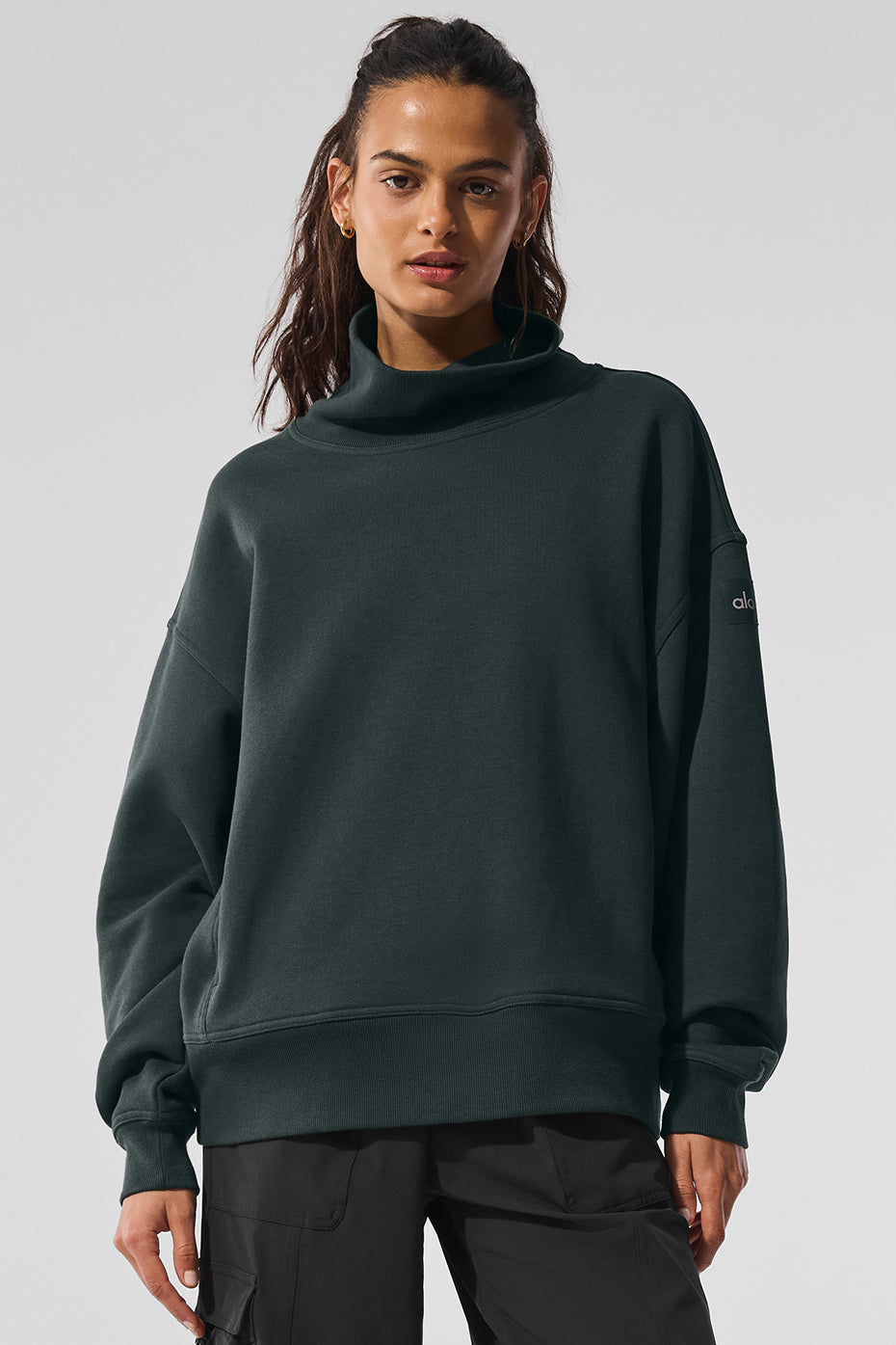 Hazy mock neck pullover sweater in dark green, soft and cozy with an oversized fit, perfect for casual and lounge wear.