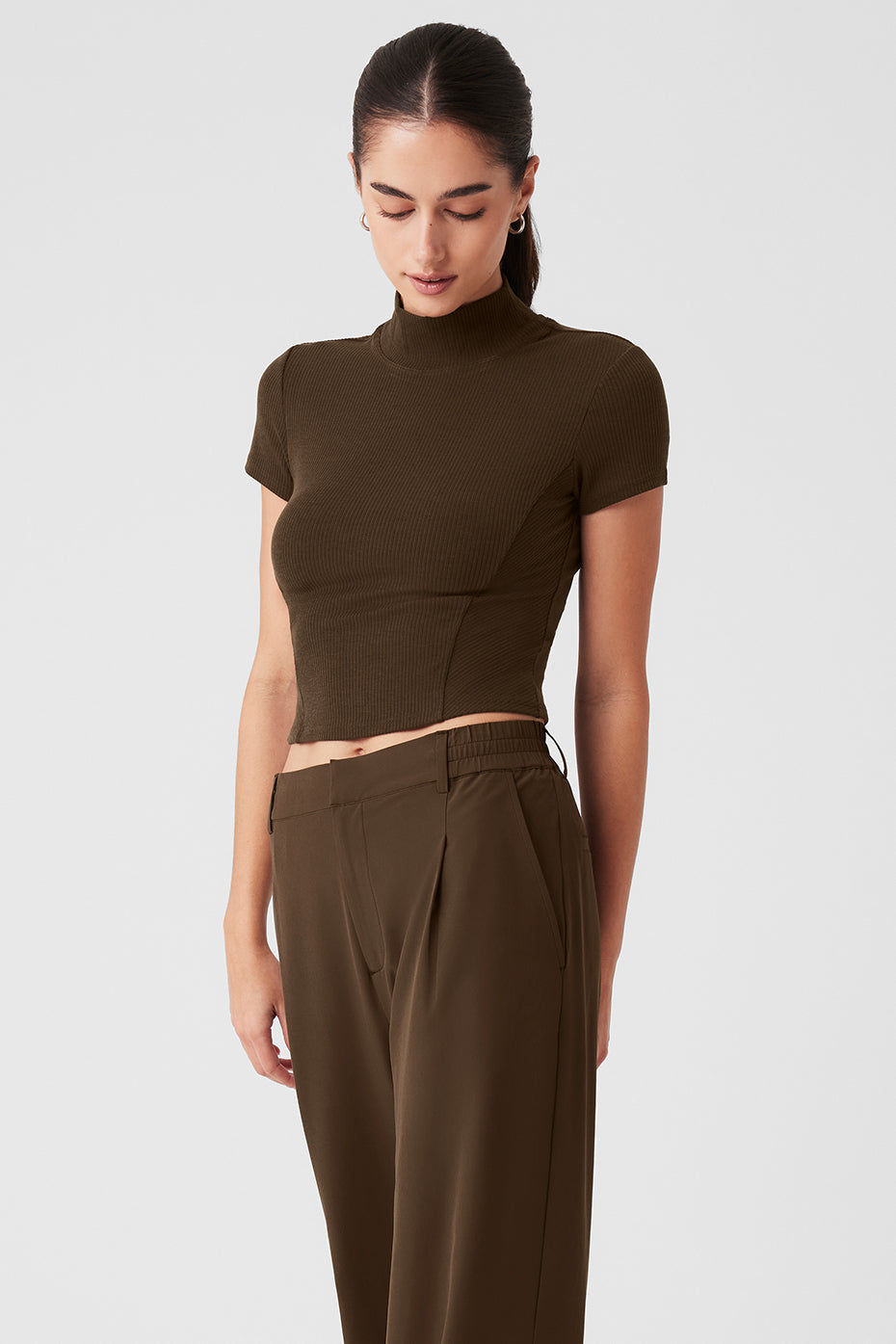 Wellness Rib Mock Neck Polished Short Sleeve top in olive green, featuring short sleeves and contour seaming.