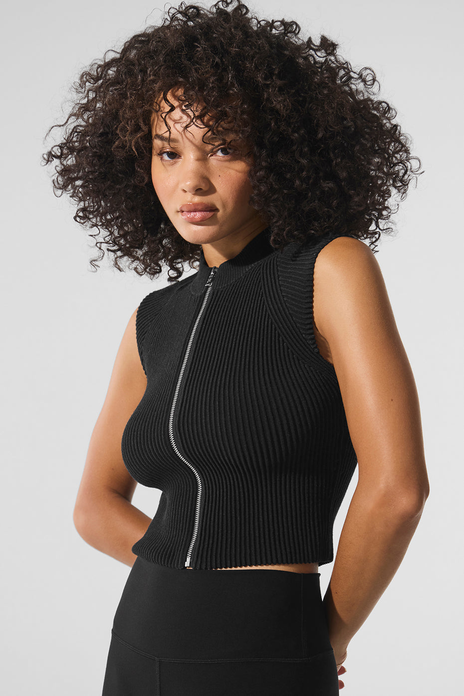 Denim Knit Sleeveless Full Zip Top