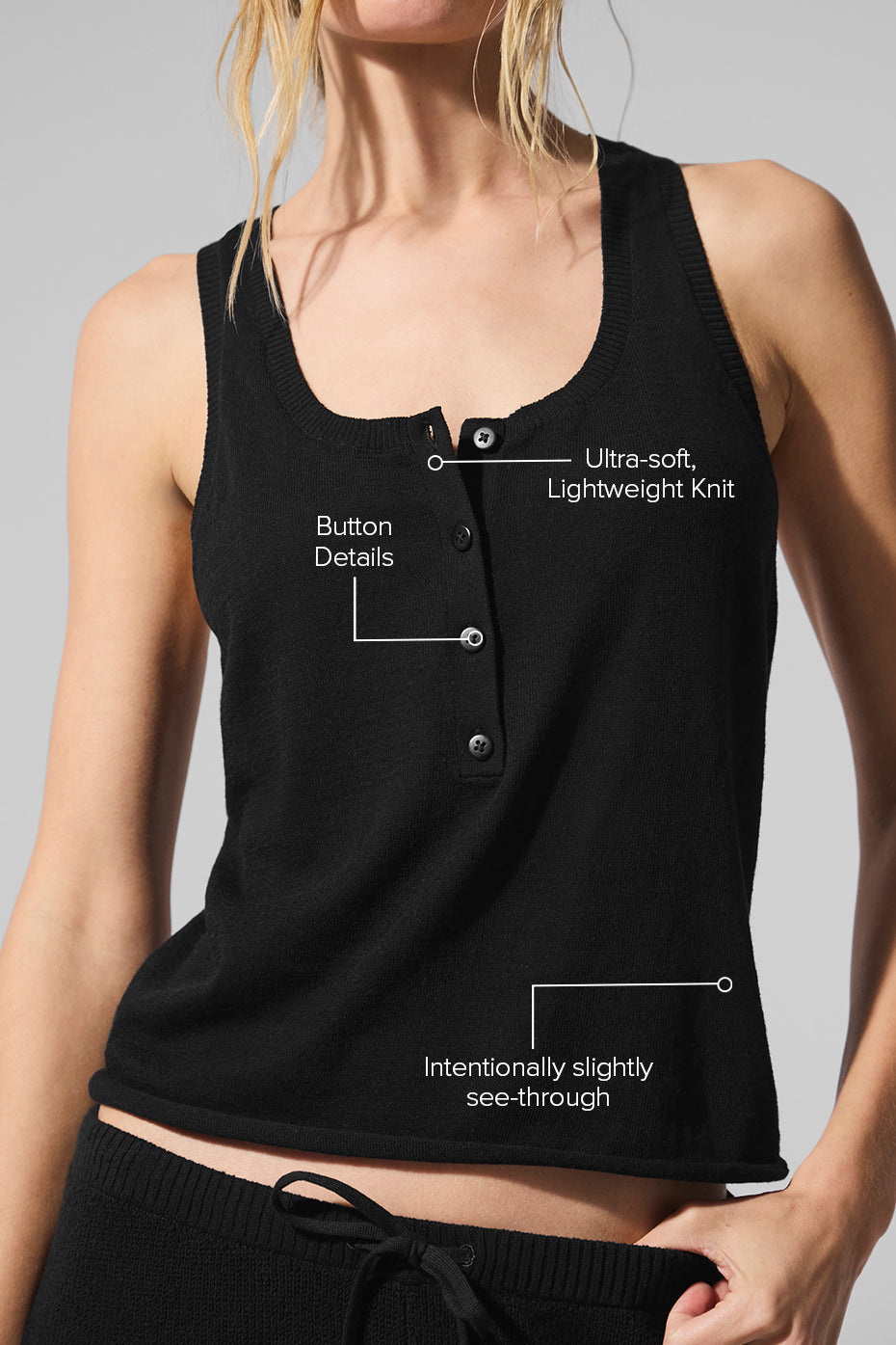 Supernatural Sweater Henley Tank in black showcasing button details and ultra-soft lightweight knit fabric.