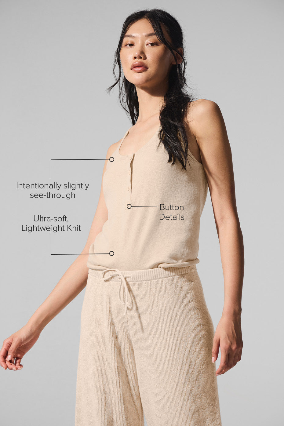 Supernatural Sweater Henley Tank featuring ultra-soft lightweight knit, button details, and slightly see-through design.