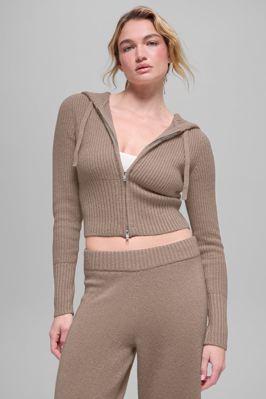 Wool Cashmere Ribbed Noble Full Zip Hoodie