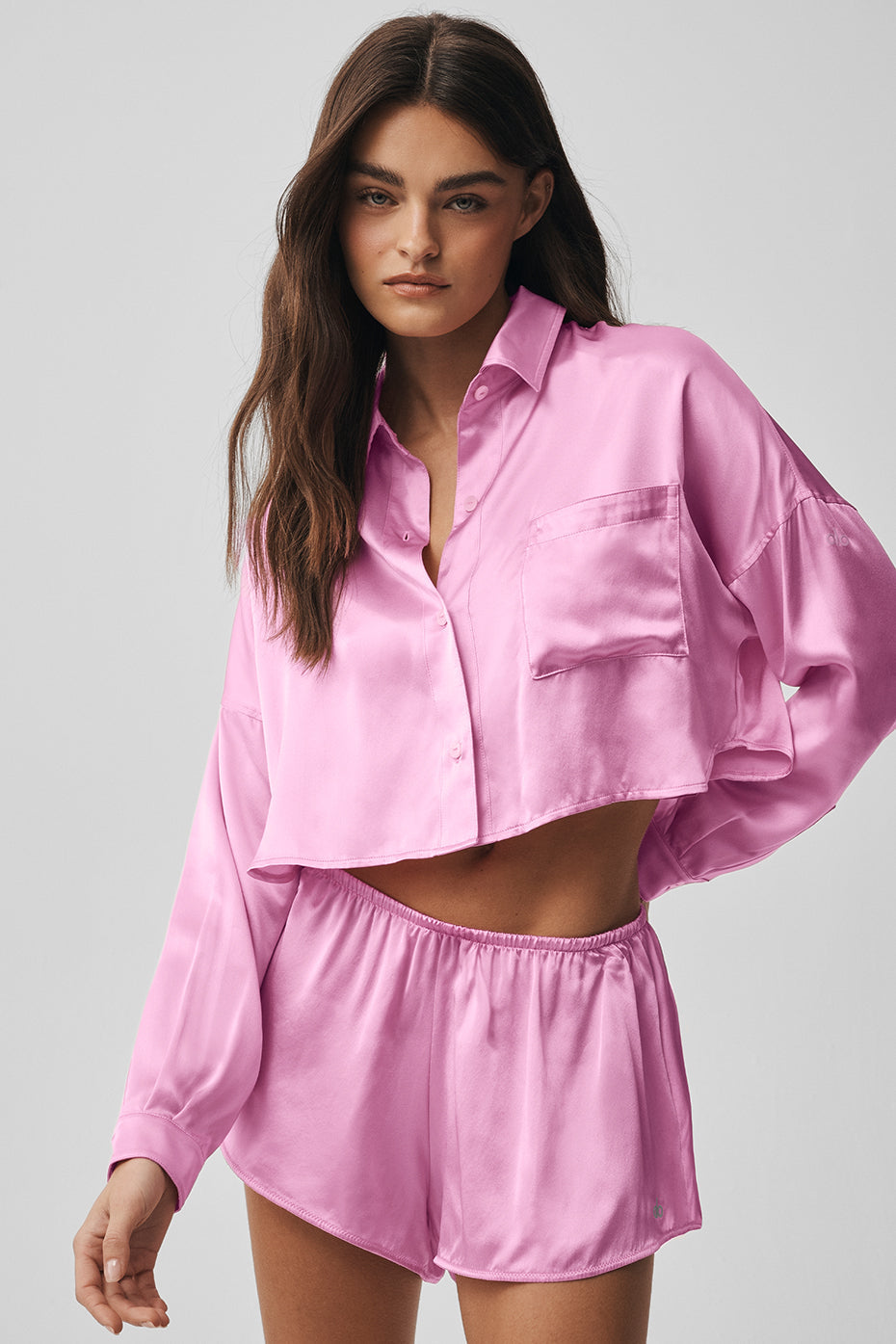 Silk Luminous Cropped Button Down Long Sleeve