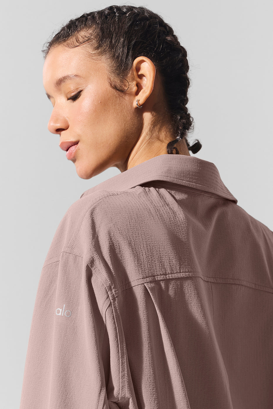 Dreamscape Button Down Long Sleeve in lightweight crinkle woven fabric, featuring a collared design and front pockets.