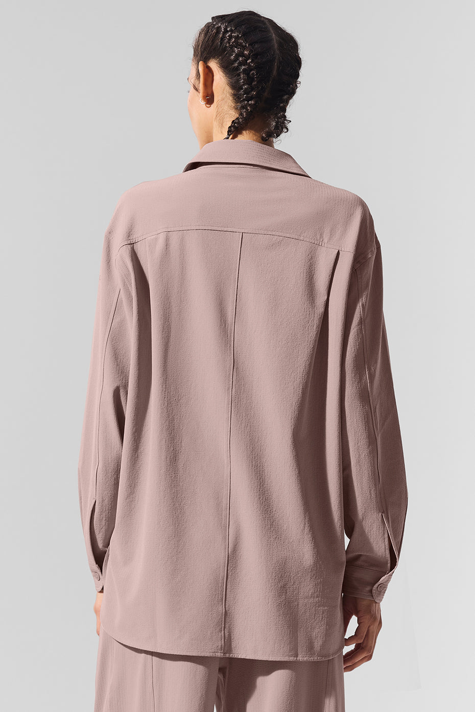 Back view of the oversized Dreamscape Button Down Long Sleeve in lightweight crinkle woven fabric.