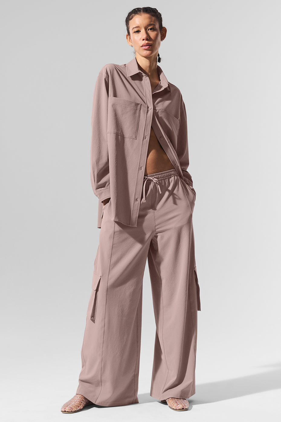 Dreamscape Button Down Long Sleeve in lightweight crinkle woven fabric paired with matching high-waist trousers for a chic look.