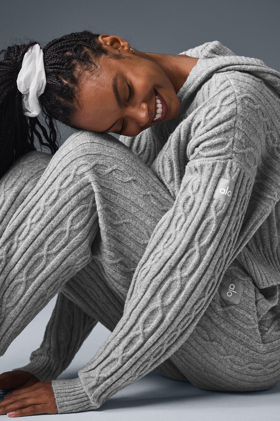 Cozy Cable Knit Winter Bliss Hoodie in gray, featuring a relaxed fit, slightly cropped hem, and soft texture.