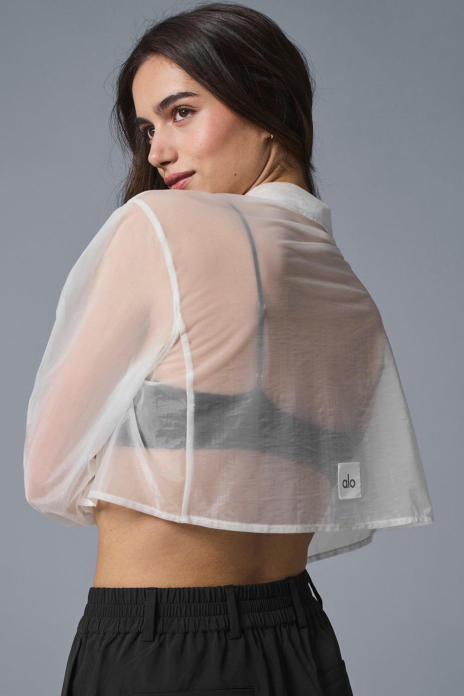 Sheer cropped button up showcasing chiffon-like material with point collar and hidden button placket.