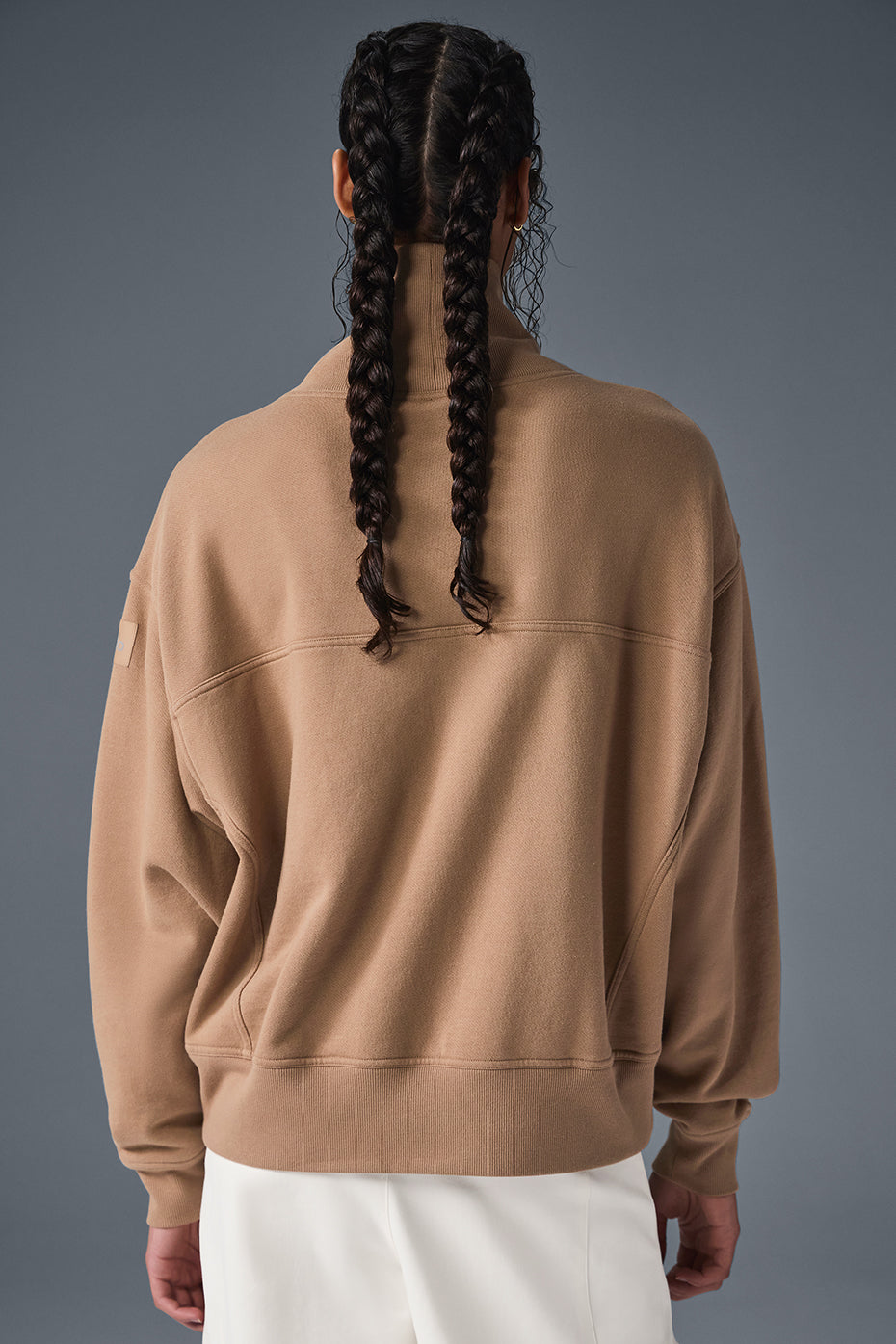 Hazy Mock Neck Pullover in soft brown, showcasing oversized fit from the back, perfect for cozy lounge looks or casual wear.