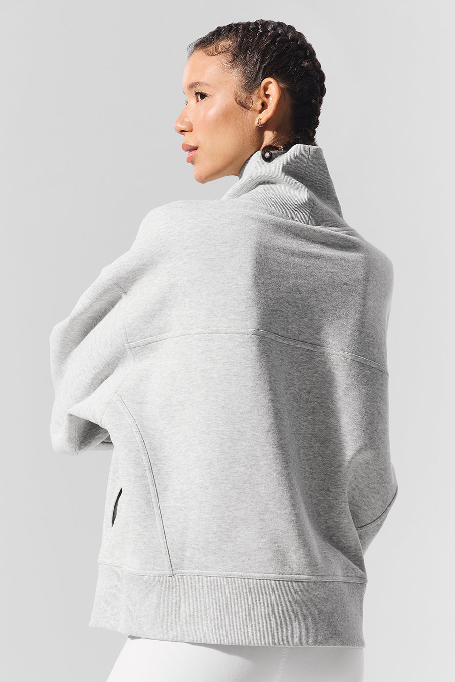Hazy mock neck pullover in soft gray, featuring oversized fit for cozy daytime or luxe lounge looks.