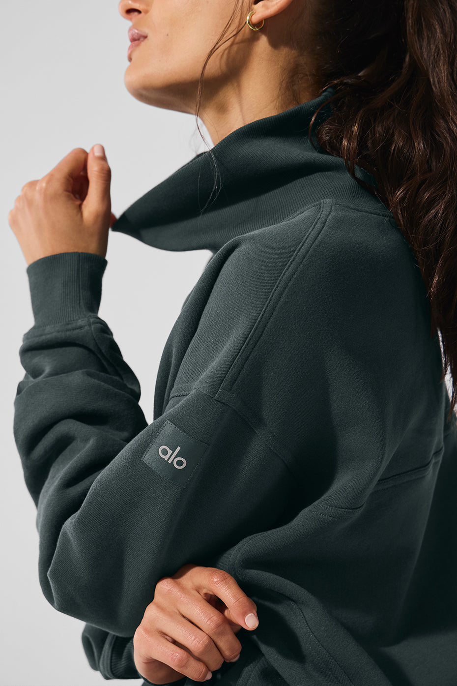 Hazy Mock Neck Pullover in dark color, featuring a cozy oversized fit and stylish design, perfect for casual and lounge outfits.