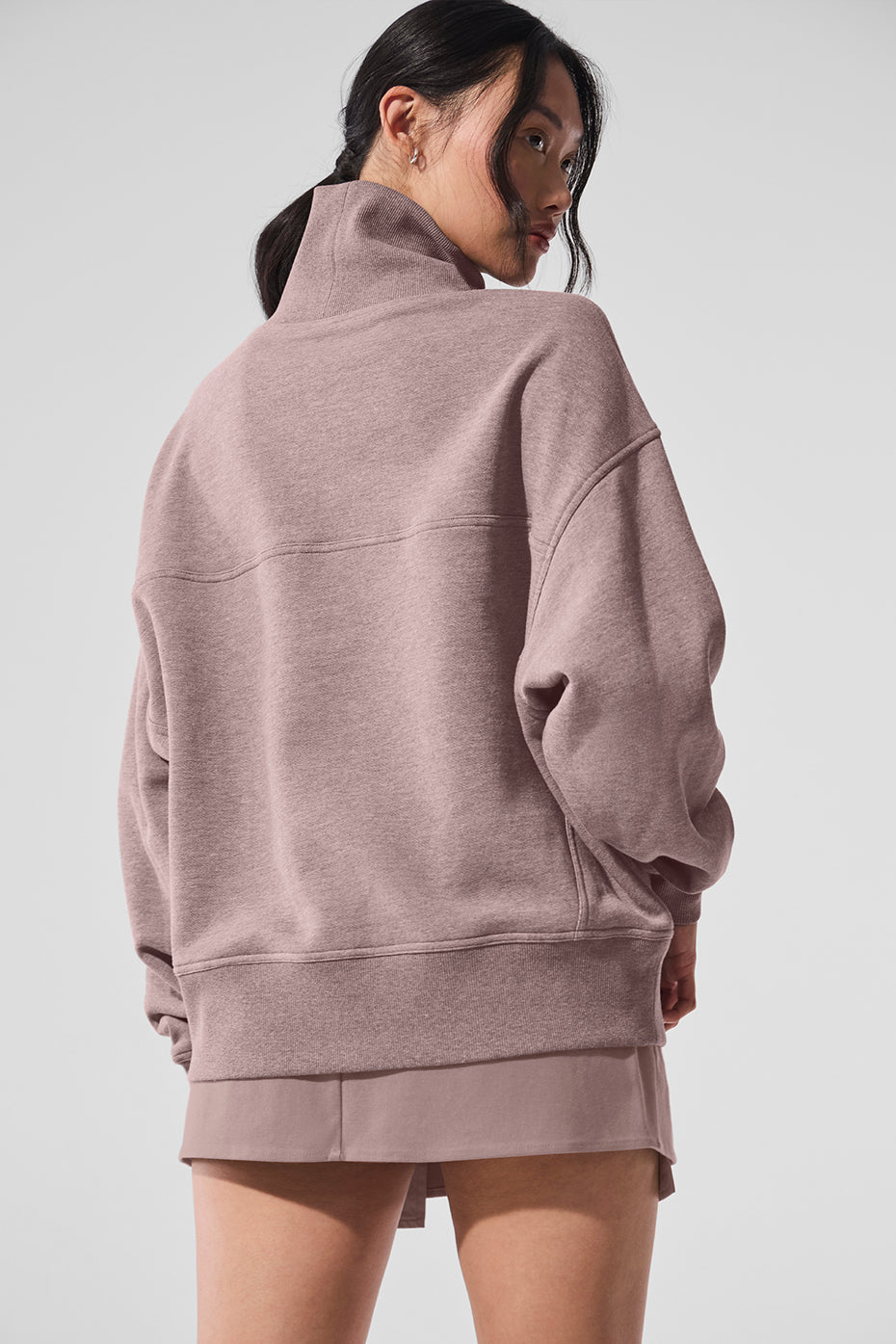 Hazy Mock Neck Pullover in soft, oversized fit, styled for a cozy, laid-back look with sweat shorts.