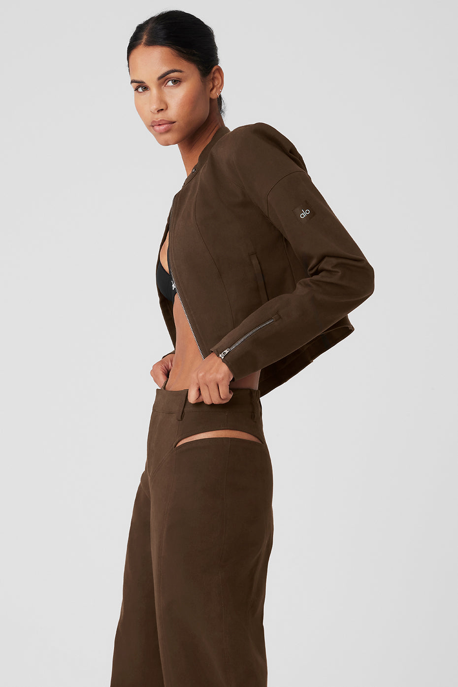Cropped Full Throttle Moto Jacket shown on model with a form-defining fit and cool seamed panels.