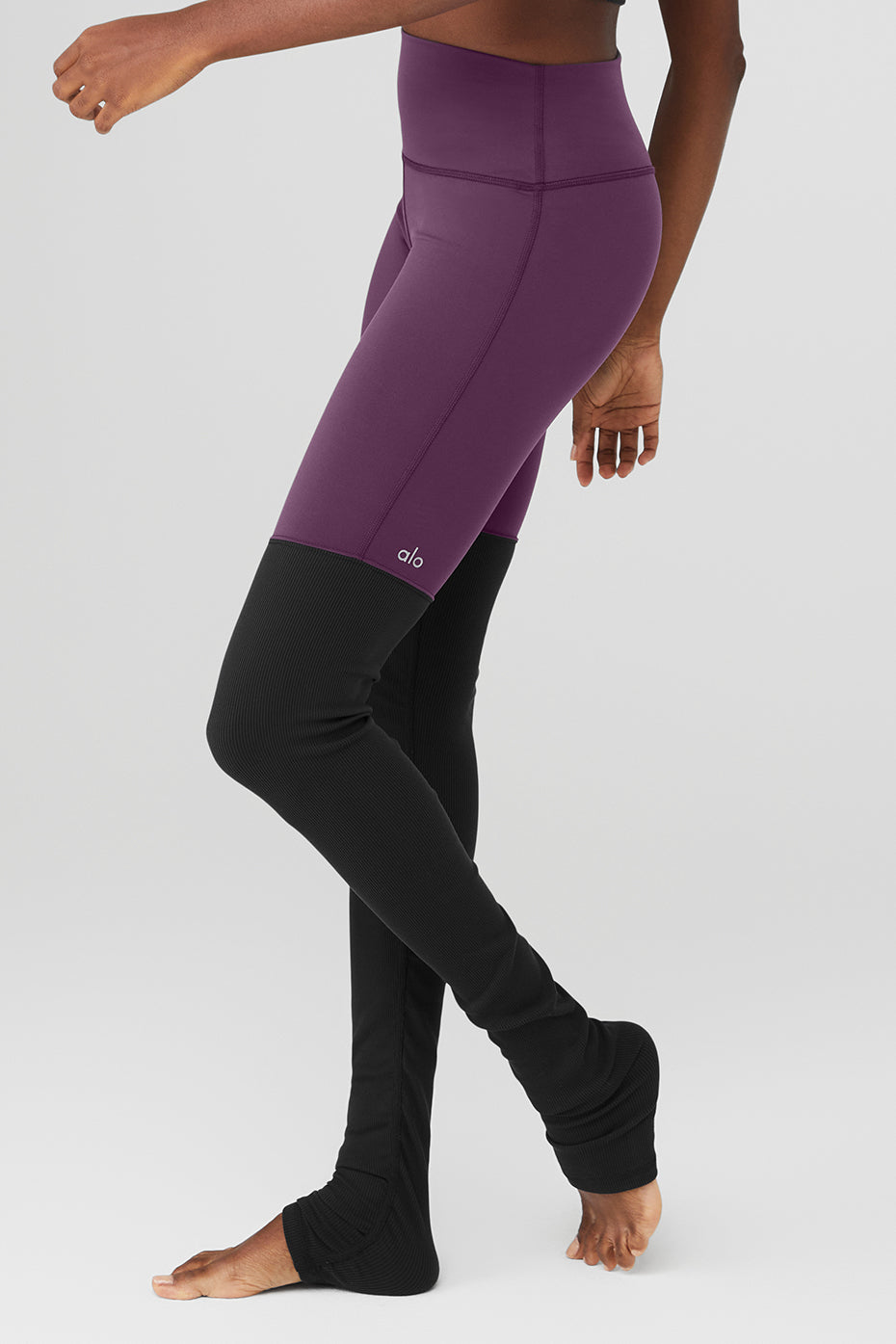 Airbrush High-Waist Highlight Goddess Legging in purple and black, featuring a sculpting design and ribbed bottoms, perfect for studio or street.