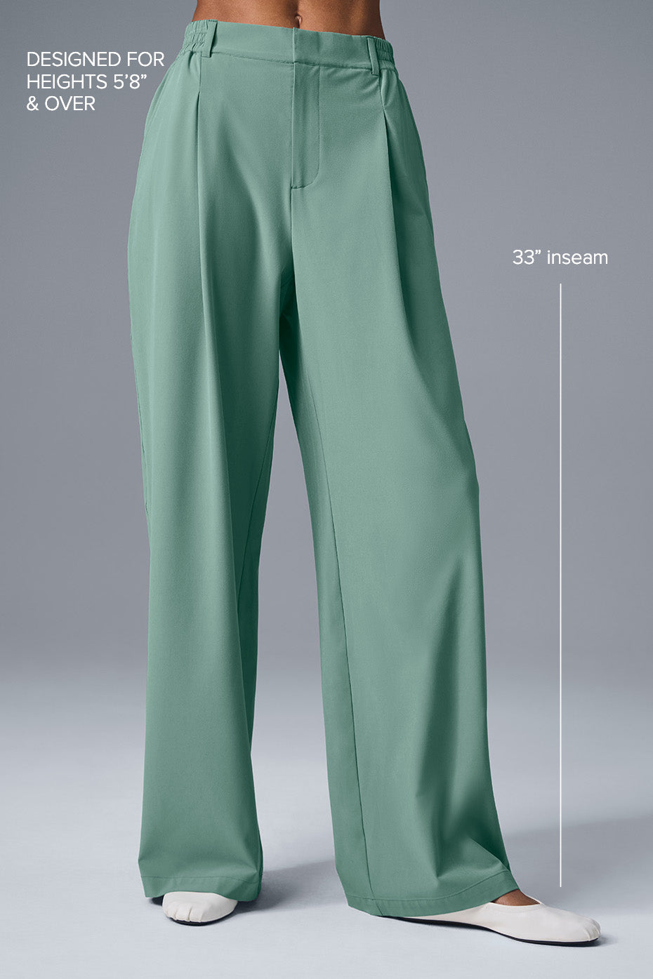 High-waist pursuit trouser in mint green, designed for heights 5'8" and over, featuring a relaxed wide-leg fit.