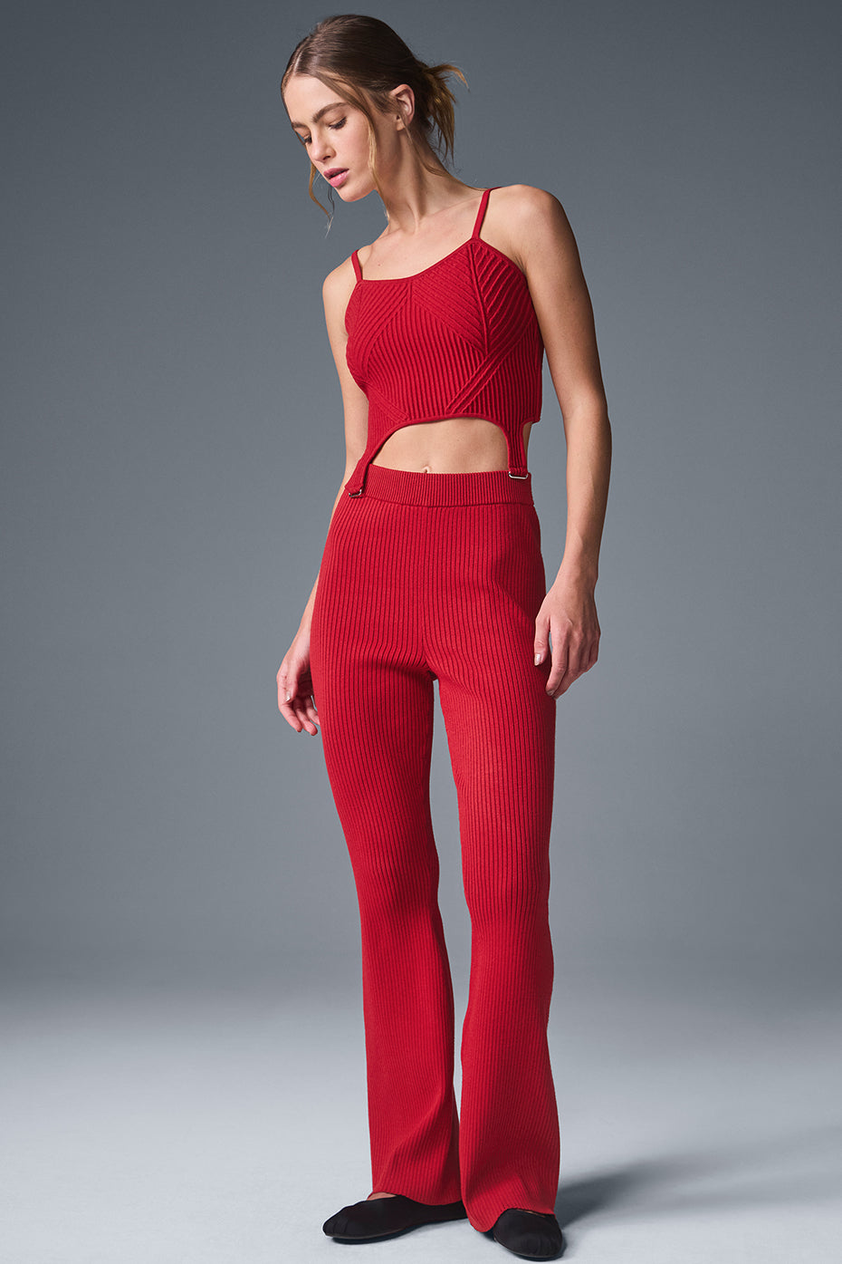 Denim Knit High-Waist Flare Pant
