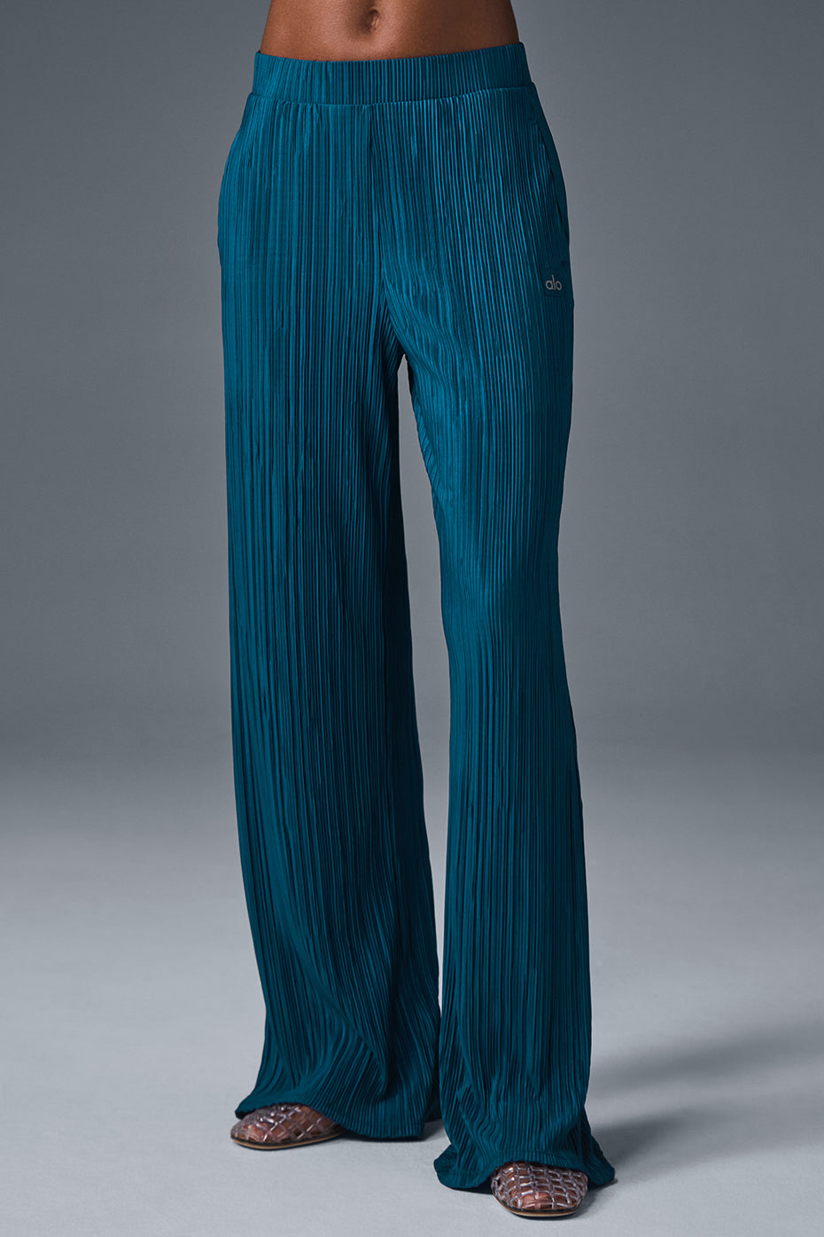 High-waist micro plisse straight leg pant in teal with soft, crinkly mini-pleat texture for an effortless look.