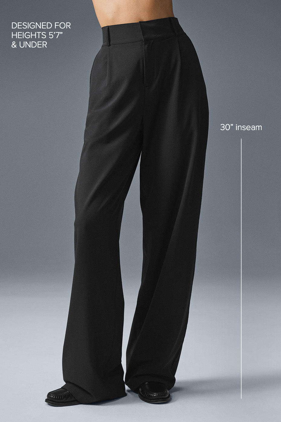 High-waist trouser designed for heights 5'7" and under, featuring a 30 inch inseam and classic pleated silhouette.