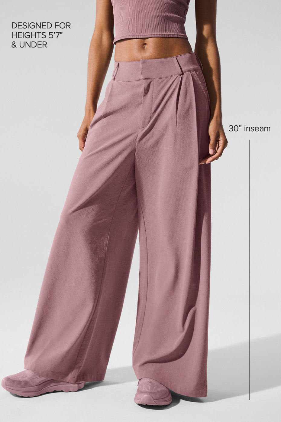 High-Waist Dreamscape Trouser in lightweight crinkle fabric, designed for heights 5'7" and under with a 30" inseam.
