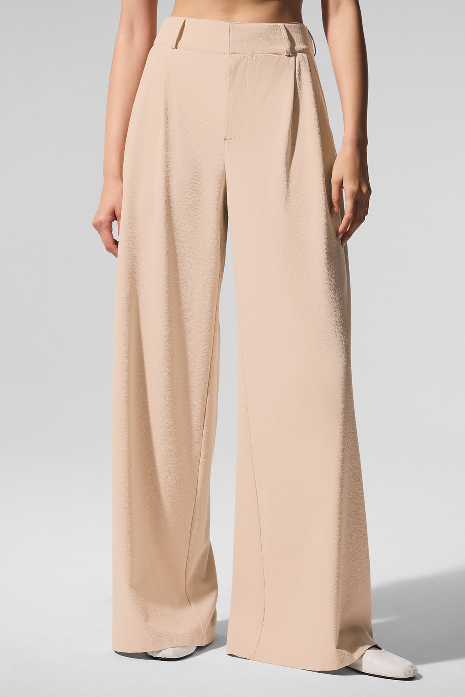 High-Waist Dreamscape Trouser in lightweight crinkle fabric with pleated silhouette, perfect for stylish layering.