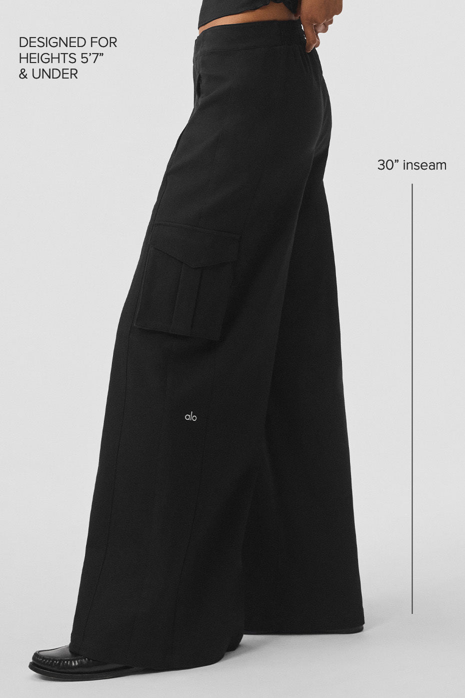 Show Off Cargo Wide Leg Trouser in black, featuring exaggerated wide legs and cargo pockets, designed for heights 5'7" and under.