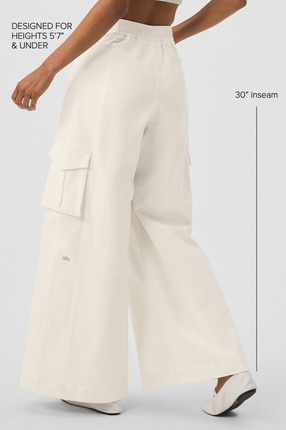 Show Off Cargo Wide Leg Trousers in ivory, featuring wide legs, cargo pockets, and designed for heights 5'7" and under.