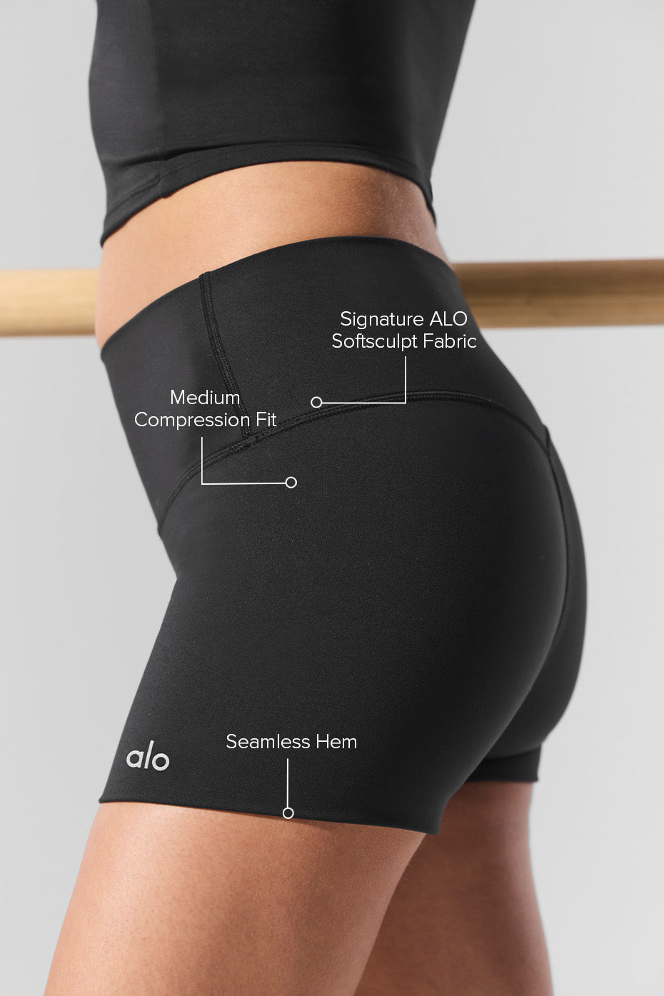 ALO Softsculpt 3" High-Waist Precision Short featuring medium compression fit and seamless hem for a sleek look.