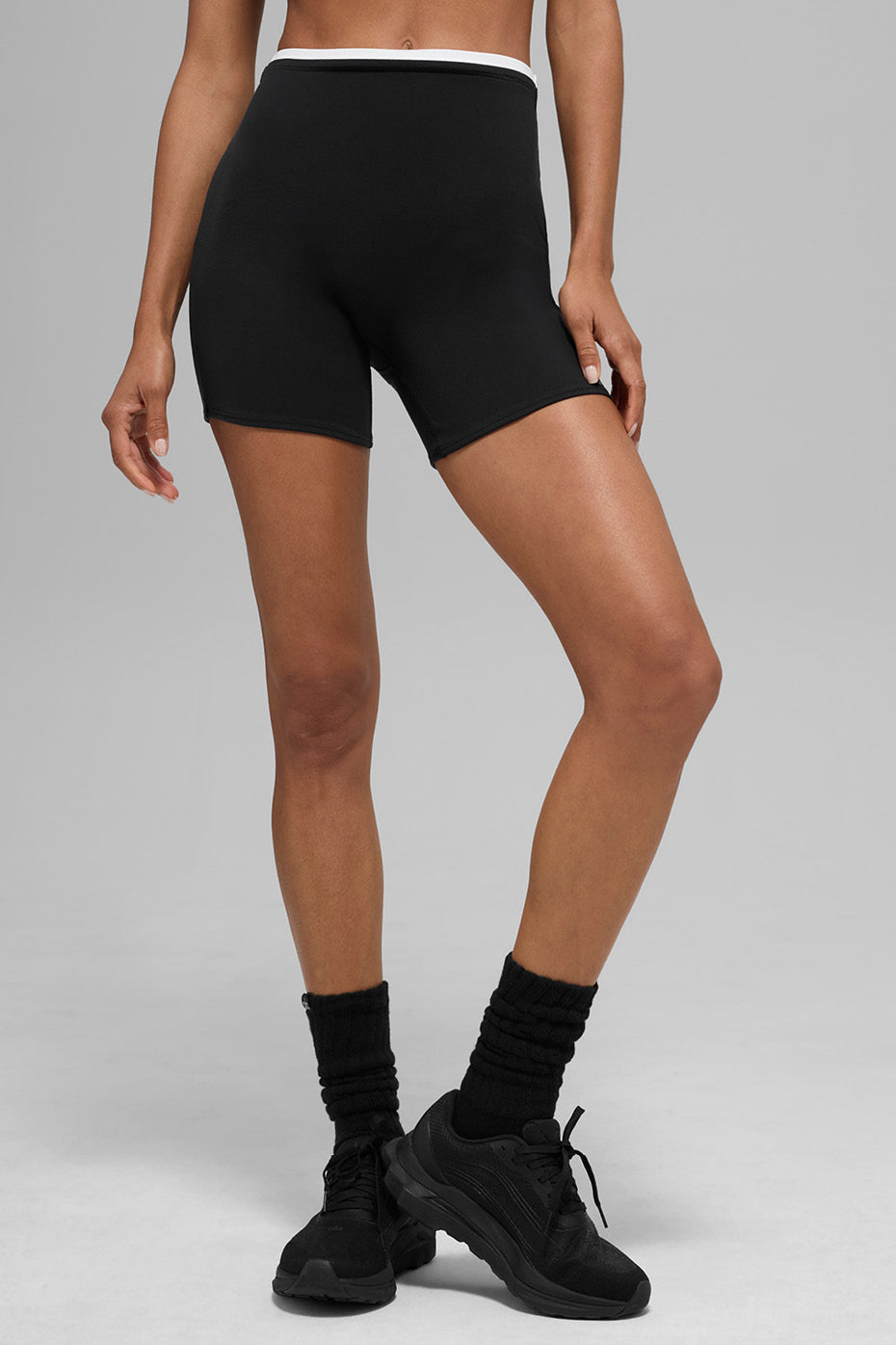 5 inch Airbrush Double Up Short in black with a chic contrast waistband, designed for comfort and movement.