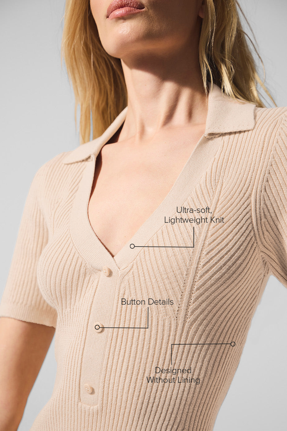 Close-up of Supernatural Sweater Dress showcasing ultra-soft lightweight knit and button details for a stylish look.