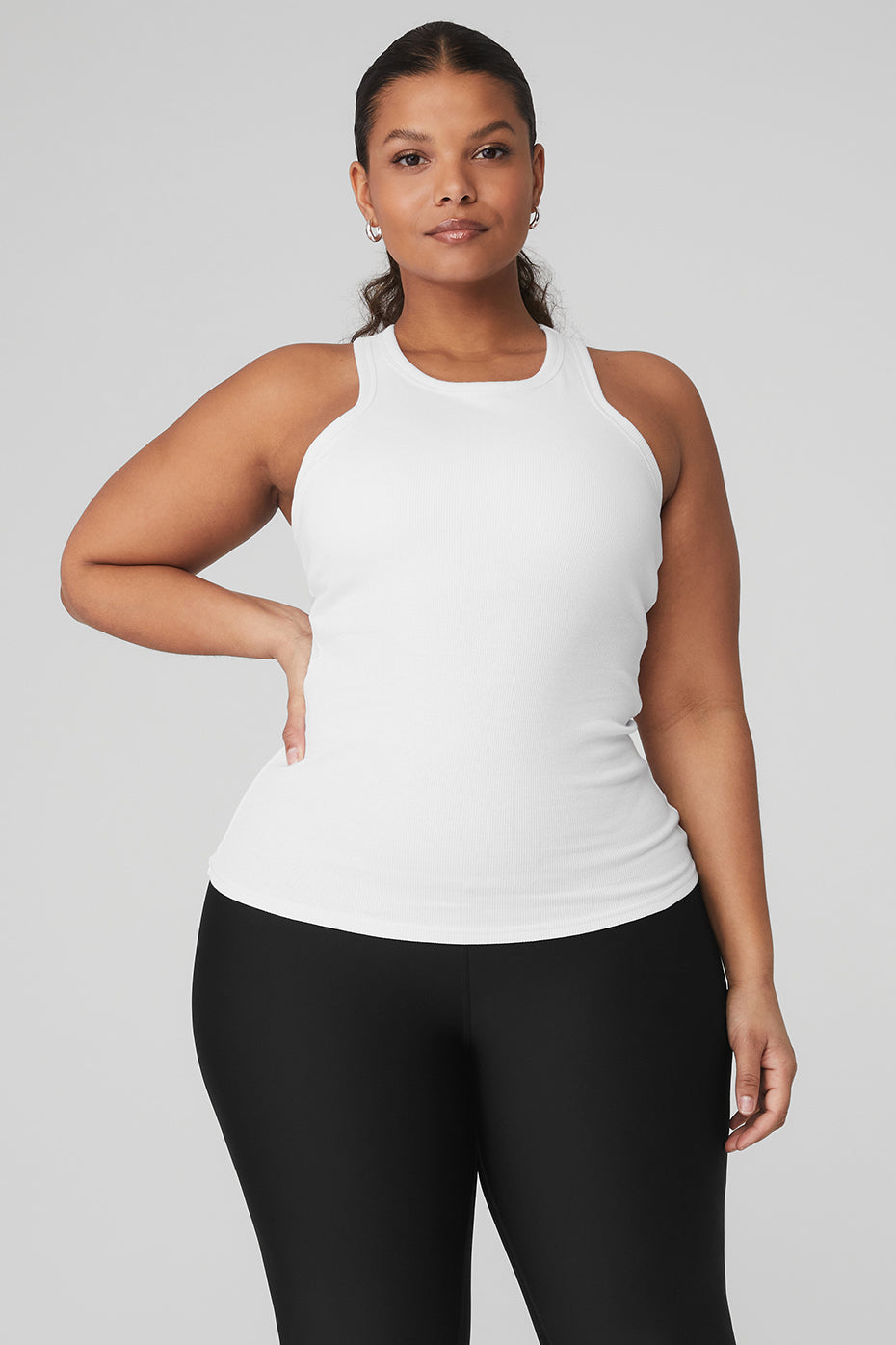 White Ribbed Aspire Full Length Tank with racerback and built-in shelf bra for versatile layering and flattering fit