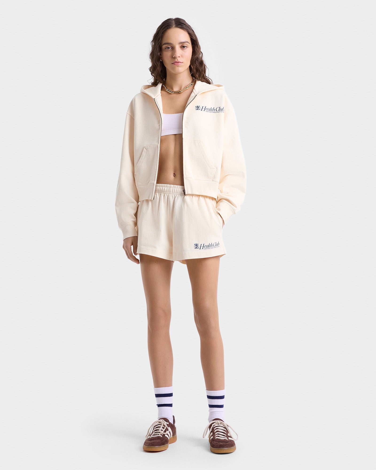Lion Health Cropped Zip Hoodie - Cream
