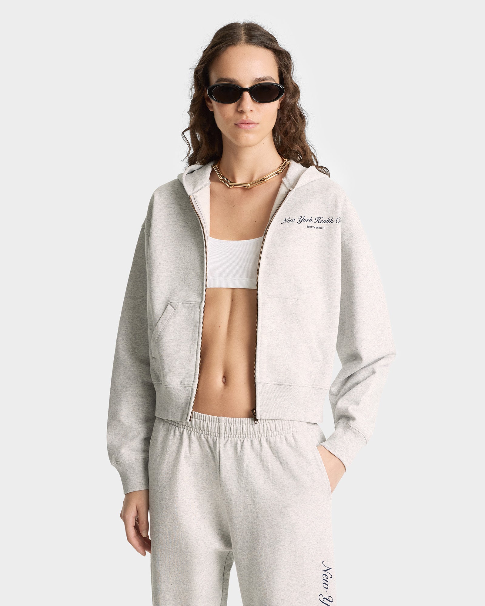 NY Health Club Cropped Zip Hoodie - Heather Gray/Navy
