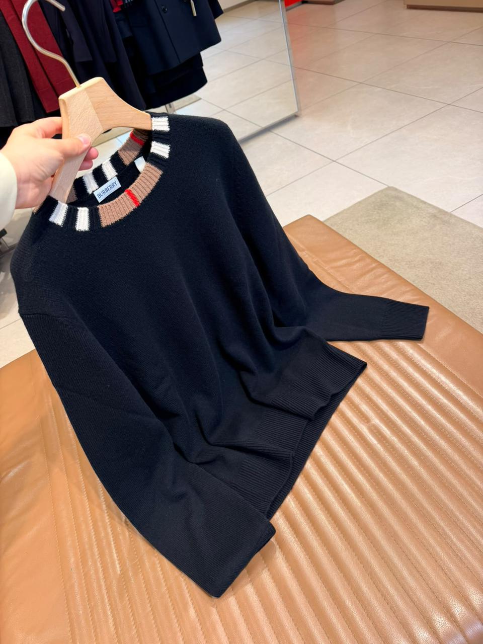 Burberry Icon Stripe Trim Cashmere/Wool Sweater