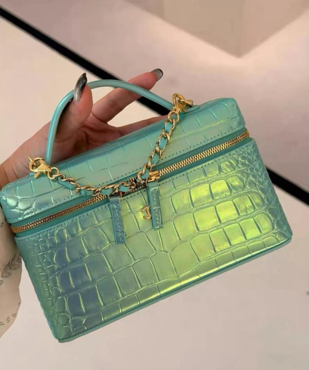 CHANEL Vanity with Chain in Crocodile Embossed Iridescent Calfskin and Gold-Tone Metal