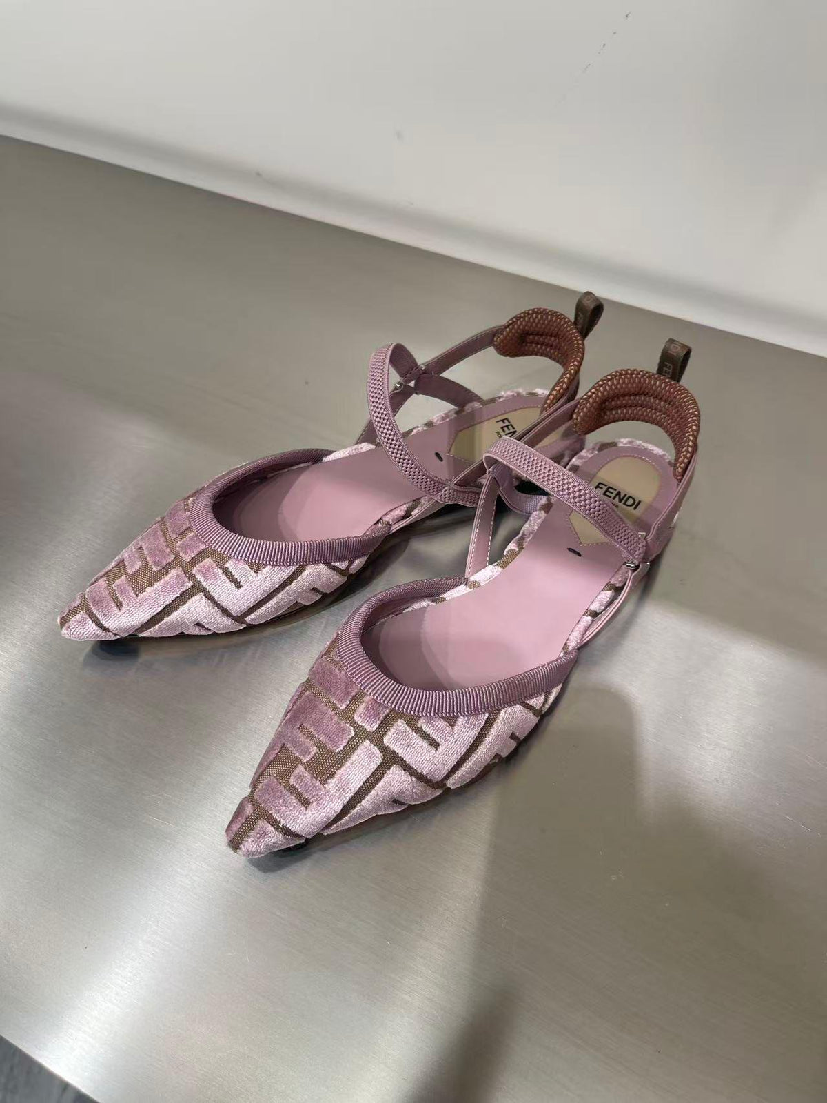 Mauve pink FF jacquard velvet flats
