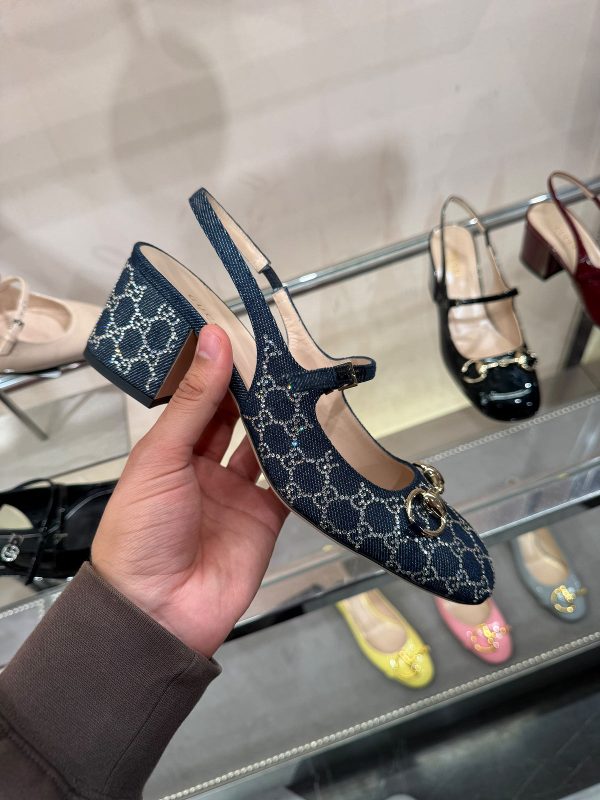 Gucci Horsebit GG Crystal Denim Slingback Pump
