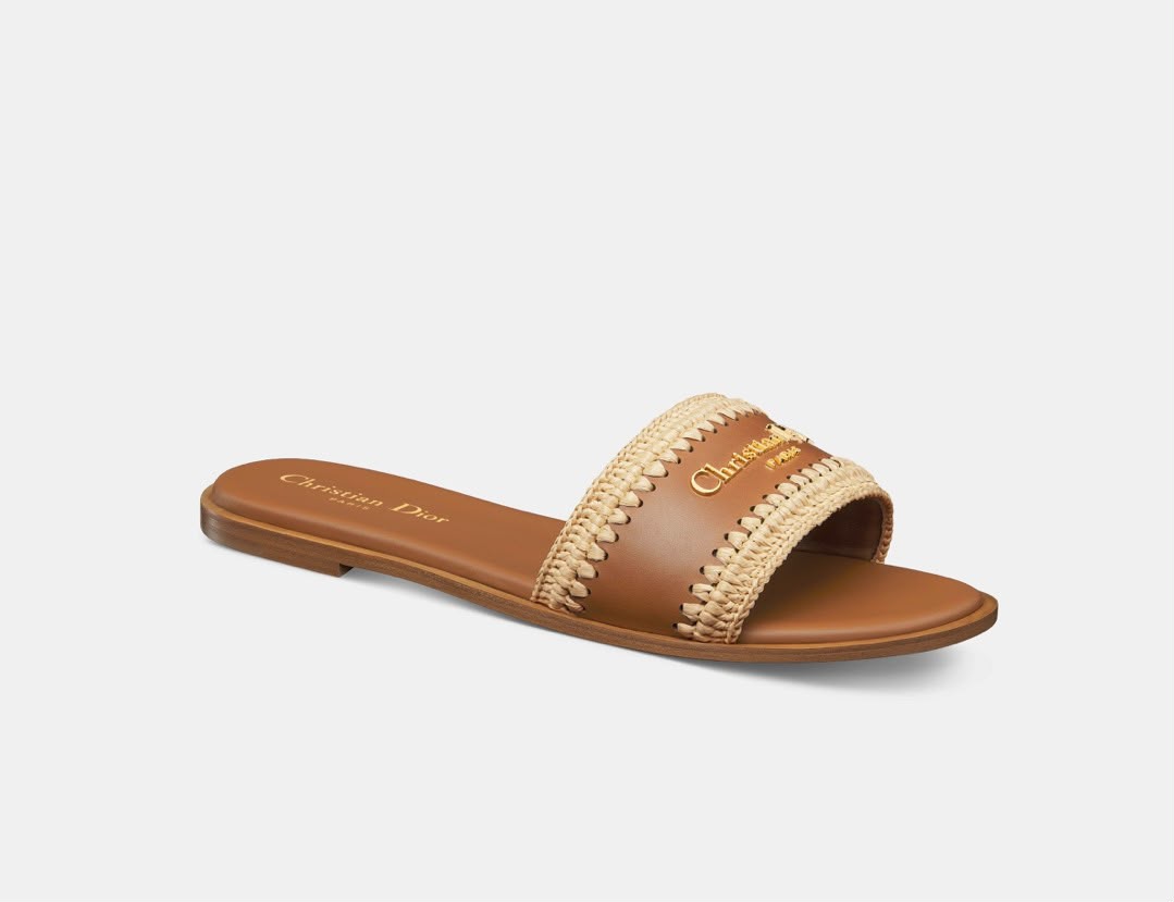 Christian Dior D-Lane Flat Slide Sandal in Camel Calfskin and Raffia