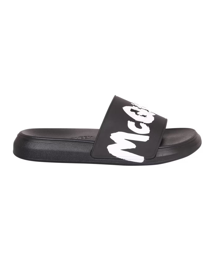 Alexander McQueen Black Slide Sandals with Logo Print