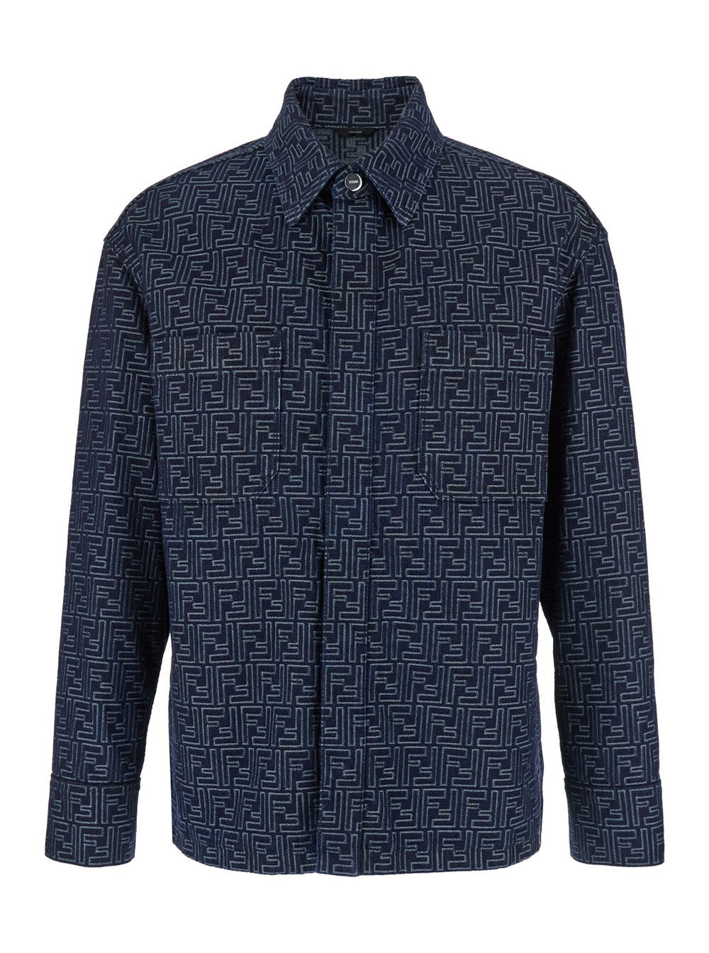 Fendi Blue Shirt with Pointed Collar and All Over FF Motif in Cotton Man