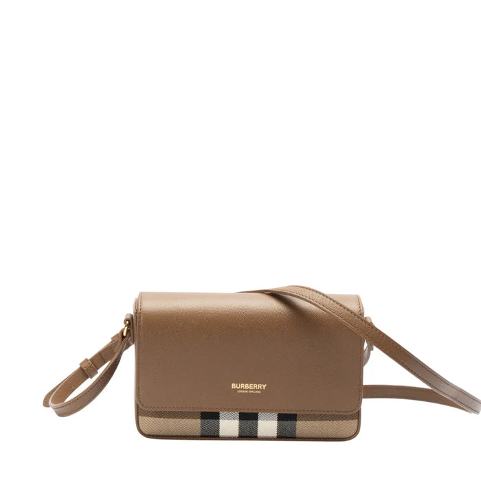 Burberry Hampshire Check Canvas Leather Crossbody Bag in brown with logo and signature check trim